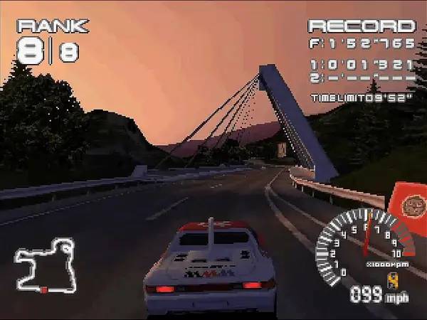 Иллюстрация уровня Ridge Racer Type 4 с деталями окружения
