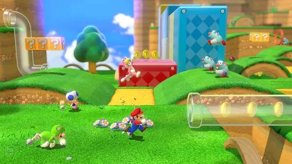 Иллюстрация уровня Super Mario 3D World + Bowser's Fury с деталями окружения