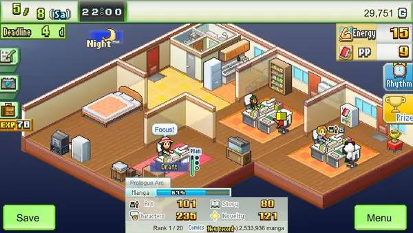 Иллюстрация уровня The Manga Works с деталями окружения