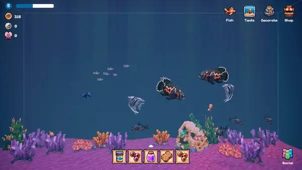 Иллюстрация уровня Tiny Aquarium Social Fishkeeping с деталями окружения