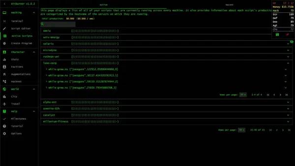 Интерфейс Bitburner во время прохождения