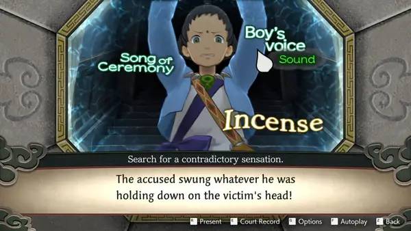 Кадр с взаимодействием персонажа и объекта в Apollo Justice  Ace Attorney Trilogy