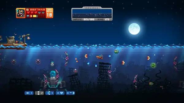 Кадр с взаимодействием персонажа и объекта в Aqua Kitty - Milk Mine Defender