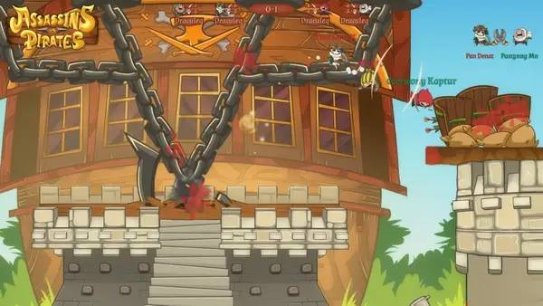 Кадр с взаимодействием персонажа и объекта в Assassins vs Pirates