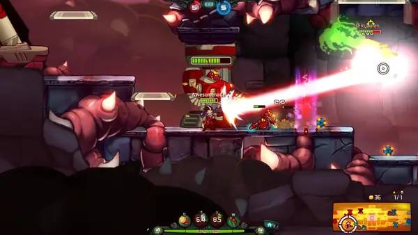 Кадр с взаимодействием персонажа и объекта в Awesomenauts - the 2D moba