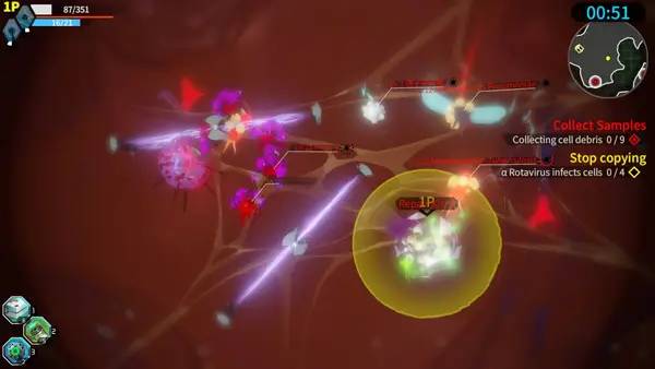 Кадр с взаимодействием персонажа и объекта в Bacterium