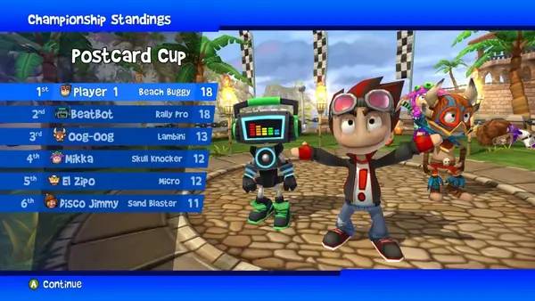 Кадр с взаимодействием персонажа и объекта в Beach Buggy Racing 2  Island Adventure