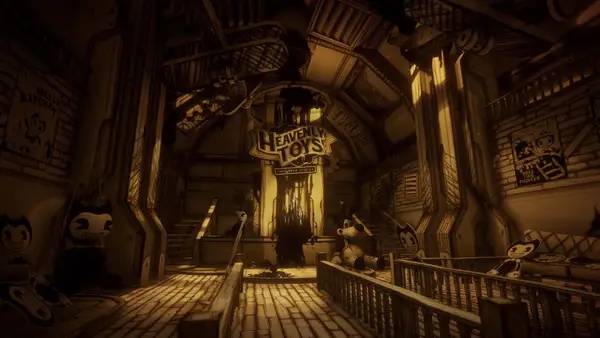 Кадр с взаимодействием персонажа и объекта в Bendy and the Ink Machine