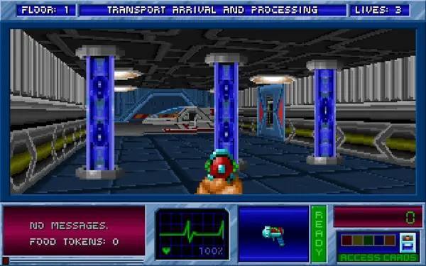 Кадр с взаимодействием персонажа и объекта в Blake Stone  Aliens of Gold