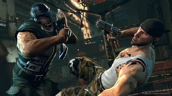 Кадр с взаимодействием персонажа и объекта в BRINK