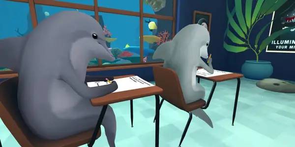 Кадр с взаимодействием персонажа и объекта в Classroom Aquatic