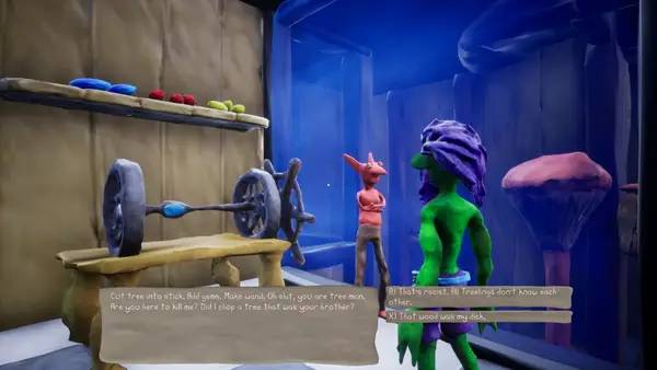 Кадр с взаимодействием персонажа и объекта в Clay Game