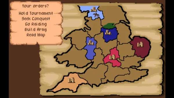 Кадр с взаимодействием персонажа и объекта в Defender of the Crown