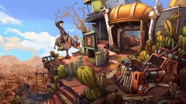 Кадр с взаимодействием персонажа и объекта в Deponia The Complete Journey