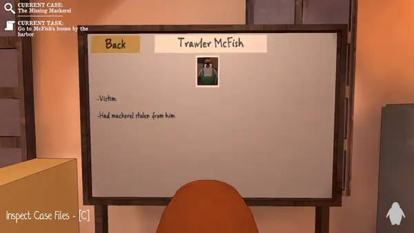 Кадр с взаимодействием персонажа и объекта в Detective Penguin