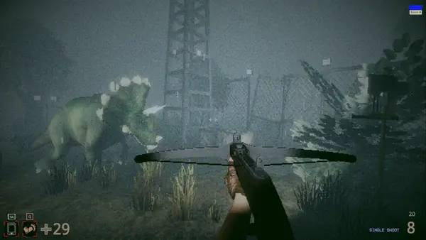 Кадр с взаимодействием персонажа и объекта в Dino Trauma