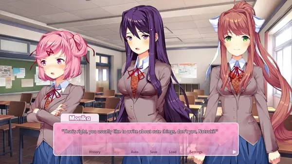 Кадр с взаимодействием персонажа и объекта в Doki Doki Literature Club Plus!
