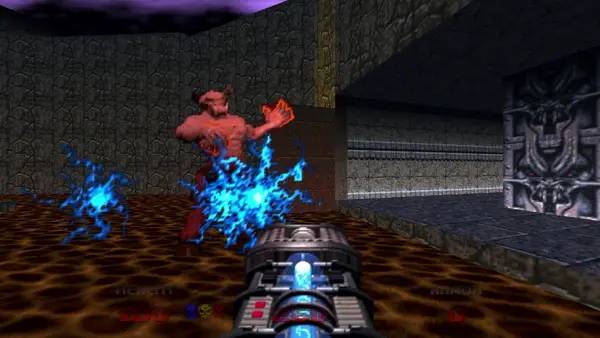 Кадр с взаимодействием персонажа и объекта в DOOM 64