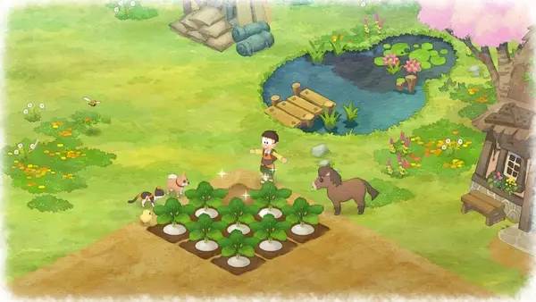 Кадр с взаимодействием персонажа и объекта в Doraemon Story of Seasons
