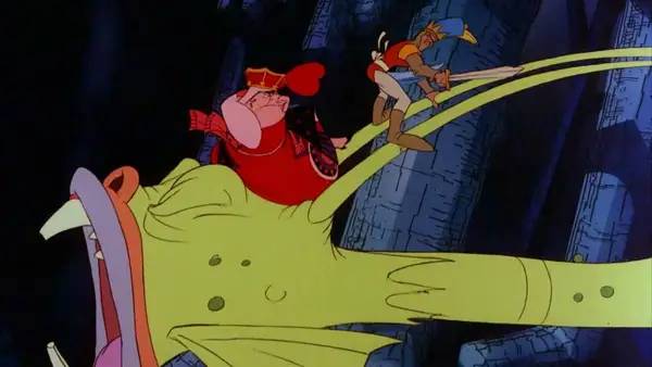 Кадр с взаимодействием персонажа и объекта в Dragon's Lair 2  Time Warp