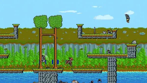 Кадр с взаимодействием персонажа и объекта в Duck Game