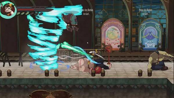 Кадр с взаимодействием персонажа и объекта в Dusty Raging Fist