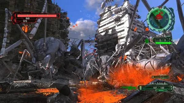 Кадр с взаимодействием персонажа и объекта в EARTH DEFENSE FORCE 6