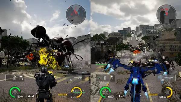 Кадр с взаимодействием персонажа и объекта в Earth Defense Force Iron Rain