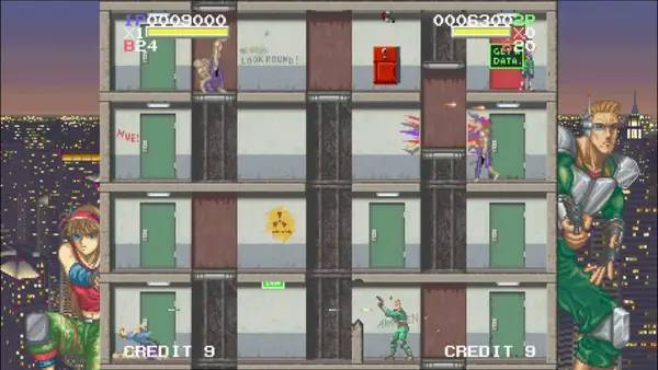 Кадр с взаимодействием персонажа и объекта в Elevator Action -Returns- S-Tribute