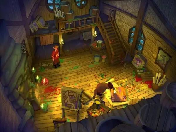 Кадр с взаимодействием персонажа и объекта в Escape from Monkey Island