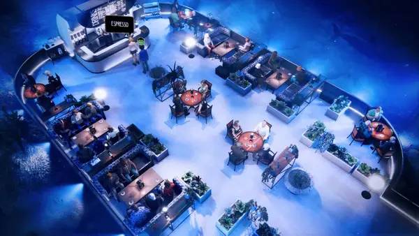 Кадр с взаимодействием персонажа и объекта в Espresso Tycoon