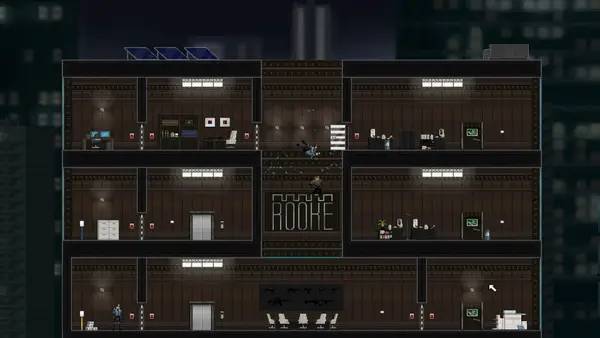 Кадр с взаимодействием персонажа и объекта в Gunpoint