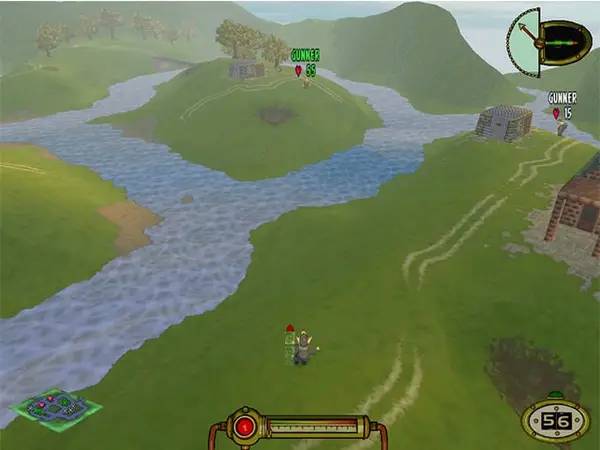 Кадр с взаимодействием персонажа и объекта в Hogs of War