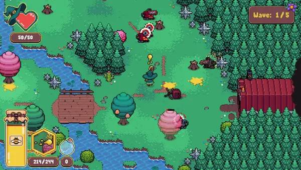 Кадр с взаимодействием персонажа и объекта в Honeymancer