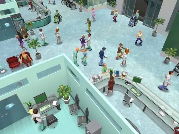 Кадр с взаимодействием персонажа и объекта в Hospital Tycoon