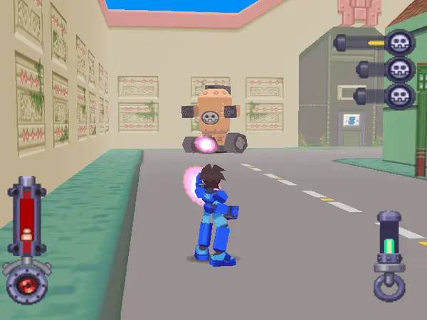 Кадр с взаимодействием персонажа и объекта в Mega Man Legends