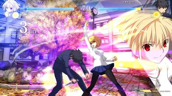Кадр с взаимодействием персонажа и объекта в MELTY BLOOD  TYPE LUMINA