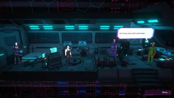 Кадр с взаимодействием персонажа и объекта в Metroplex Zero  Sci-Fi Card Battler