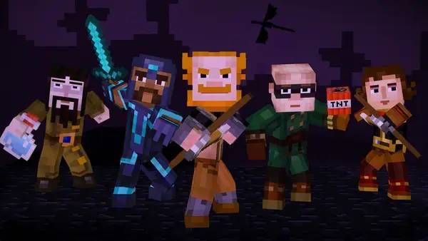 Кадр с взаимодействием персонажа и объекта в Minecraft  Story Mode - A Telltale Games Series