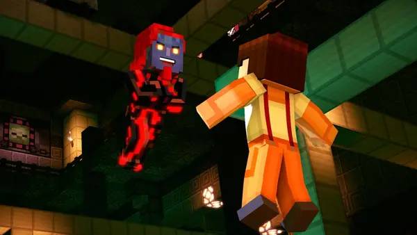 Кадр с взаимодействием персонажа и объекта в Minecraft  Story Mode - Season Two