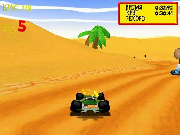 Кадр с взаимодействием персонажа и объекта в Moorhuhn Kart XXL