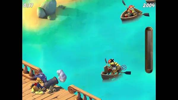 Кадр с взаимодействием персонажа и объекта в Moorhuhn Piraten - Crazy Chicken Pirates