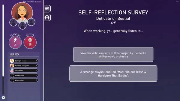 Кадр с взаимодействием персонажа и объекта в Neurodeck Psychological Deckbuilder