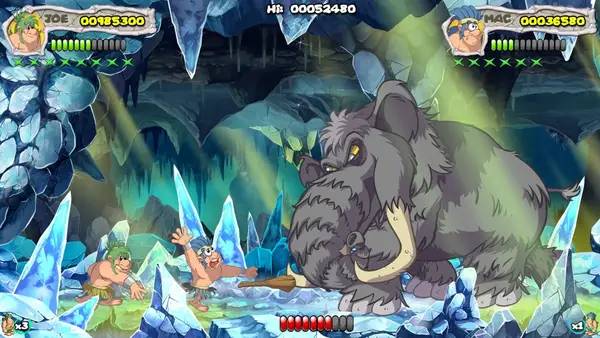 Кадр с взаимодействием персонажа и объекта в New Joe and Mac - Caveman Ninja