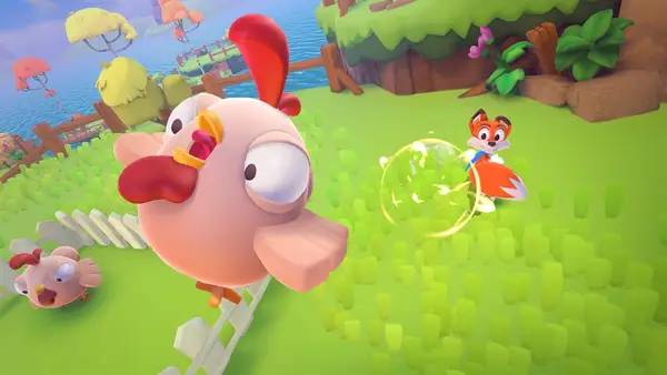Кадр с взаимодействием персонажа и объекта в New Super Lucky's Tale