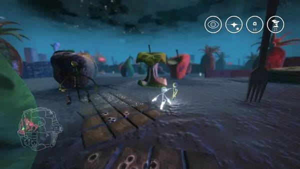 Кадр с взаимодействием персонажа и объекта в Onirike