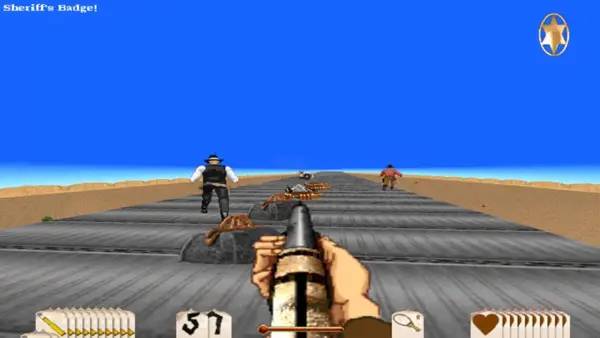 Кадр с взаимодействием персонажа и объекта в Outlaws + A Handful of Missions