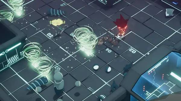 Кадр с взаимодействием персонажа и объекта в Overpower