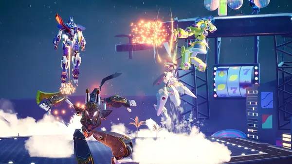 Кадр с взаимодействием персонажа и объекта в Override 2  Super Mech League