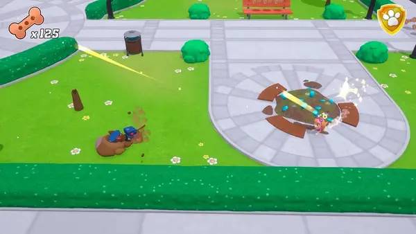 Кадр с взаимодействием персонажа и объекта в PAW Patrol Mighty Pups Save Adventure Bay